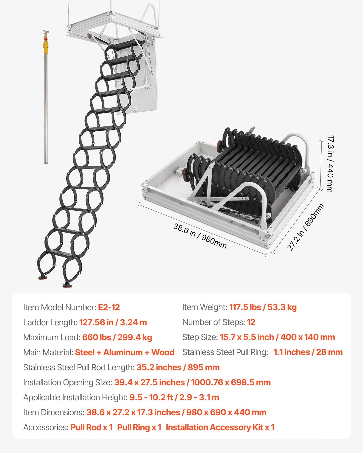 Attic Ladder, 660LBS/299.4KG Capacity, Fits 9.5 to 10.2 ft Ceiling Height and 39.4 x 27.5 inch Opening Size, Alloy Steel Pull-Down Retractable Ceiling Stair with Pulling Rod for Attic Loft Roof