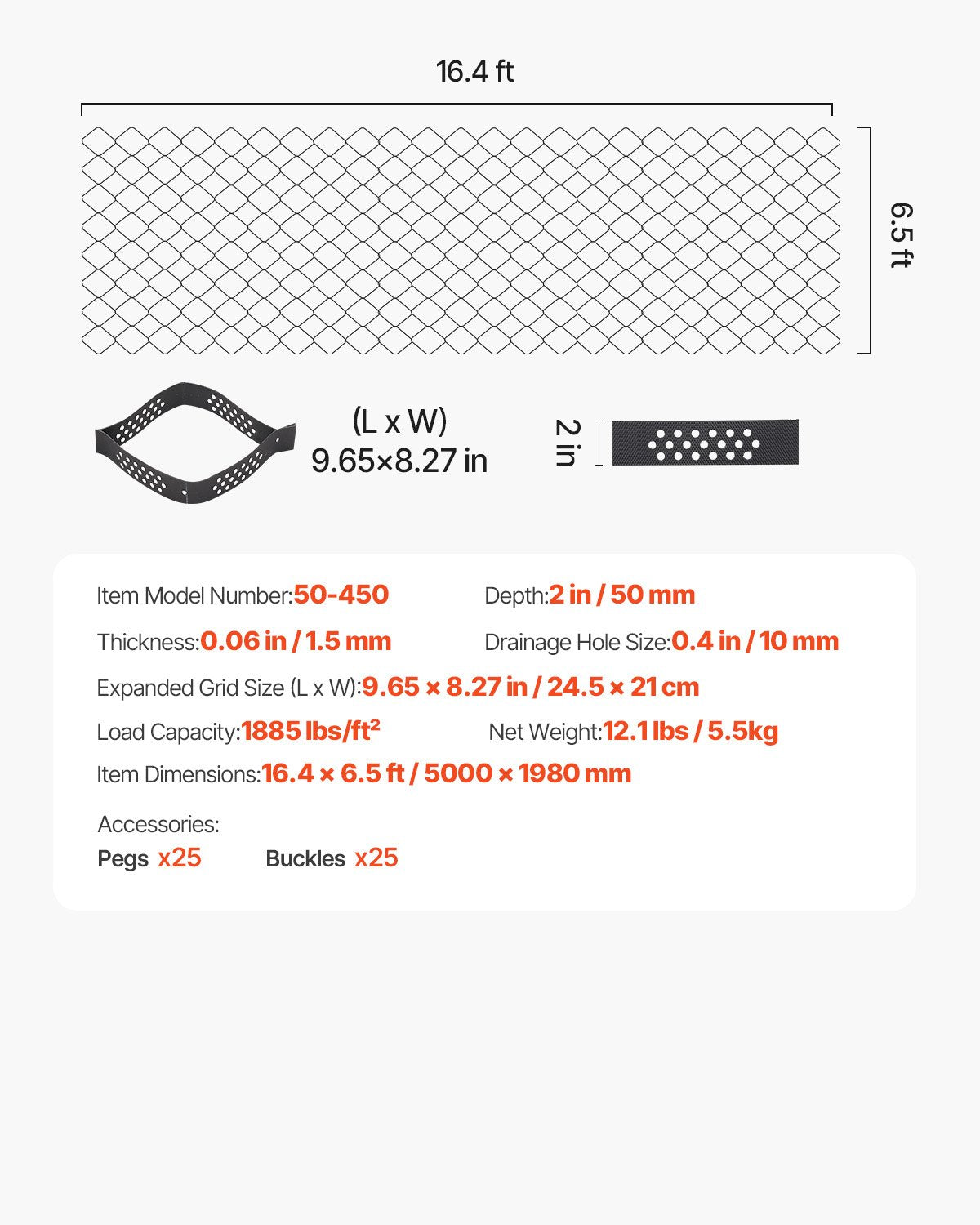 Grusgaller, 5 cm djup, 5000 x 1980 mm, 840 kg per kvadratfot gräsmarksstöd, permeabla geogaller för uppfartsstabilisering, för trädgård, uteplats, gångväg, husbilsparkeringssluttningar