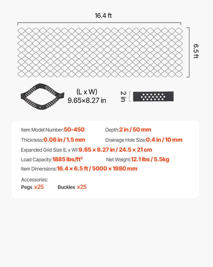Grusgaller, 5 cm djup, 5000 x 1980 mm, 840 kg per kvadratfot gräsmarksstöd, permeabla geogaller för uppfartsstabilisering, för trädgård, uteplats, gångväg, husbilsparkeringssluttningar