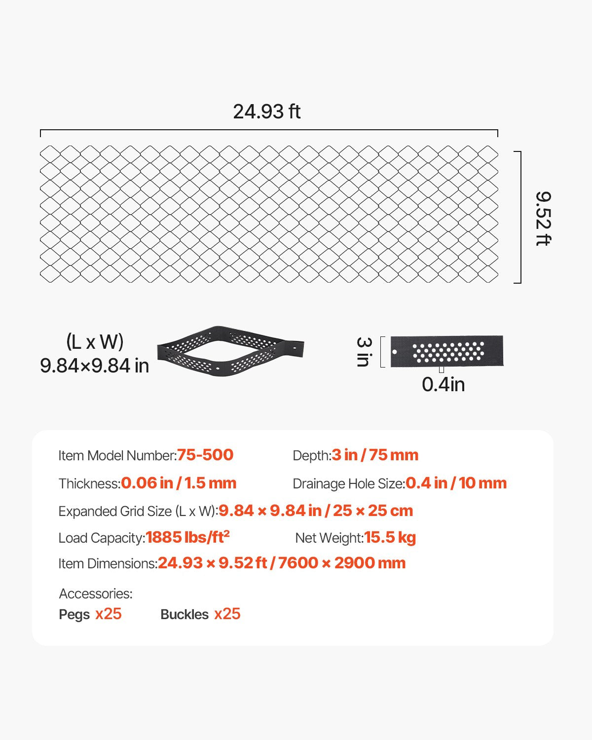 Grusgaller, 7,6 cm djup, 7600 x 2900 mm, 840 kg per kvadratfot gräsmarksstöd, permeabla geogaller för uppfartsstabilisering, för trädgård, uteplats, gångväg, sluttningar för husbilsparkering