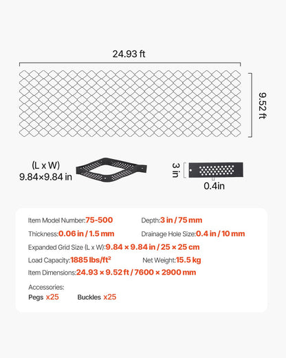 Grusgaller, 7,6 cm djup, 7600 x 2900 mm, 840 kg per kvadratfot gräsmarksstöd, permeabla geogaller för uppfartsstabilisering, för trädgård, uteplats, gångväg, sluttningar för husbilsparkering