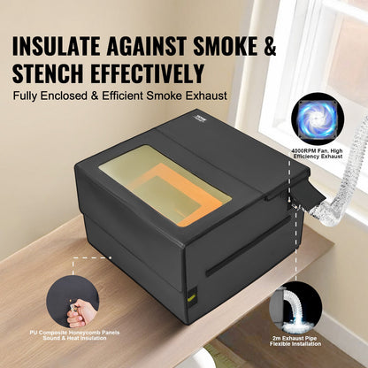 Lasergraveringslåda, 800 x 800 x 500 mm (31,5 x 31,5 x 19,6 tum), flamskyddat och brandsäkert skyddshölje, med frånluftsfläkt och rör, isolerar rök, buller och skyddar ögonen, passar de flesta lasergraveringsmaskiner