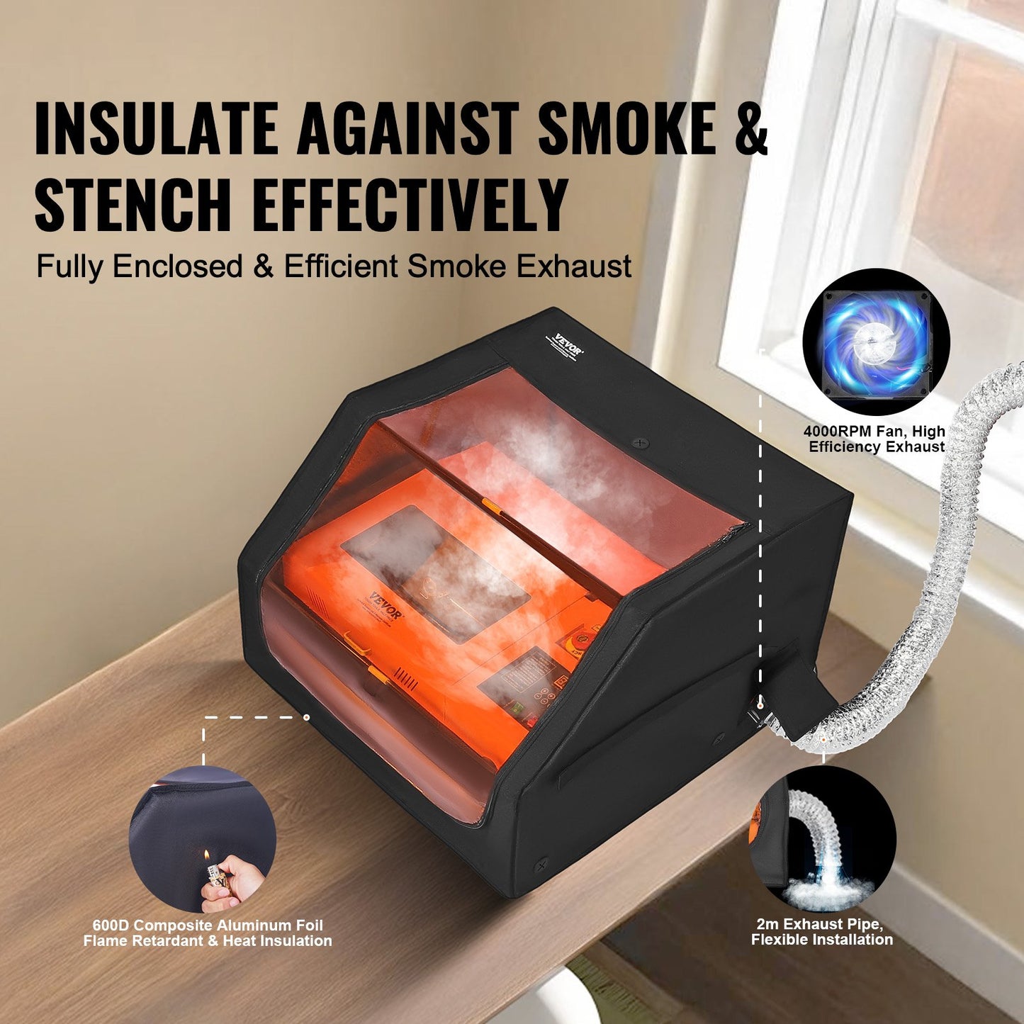 Lasergraveringslåda, 800 x 800 x 500 mm (31,5 x 31,5 x 19,6 tum), flamskyddat och brandsäkert skyddshölje, med frånluftsfläkt och rör, isolerar rök, buller och skyddar ögonen, passar de flesta lasergraveringsmaskiner