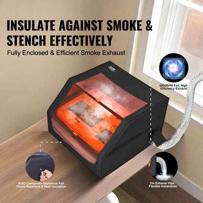 Lasergraveringslåda, 800 x 800 x 500 mm (31,5 x 31,5 x 19,6 tum), flamskyddat och brandsäkert skyddshölje, med frånluftsfläkt och rör, isolerar rök, buller och skyddar ögonen, passar de flesta lasergraveringsmaskiner