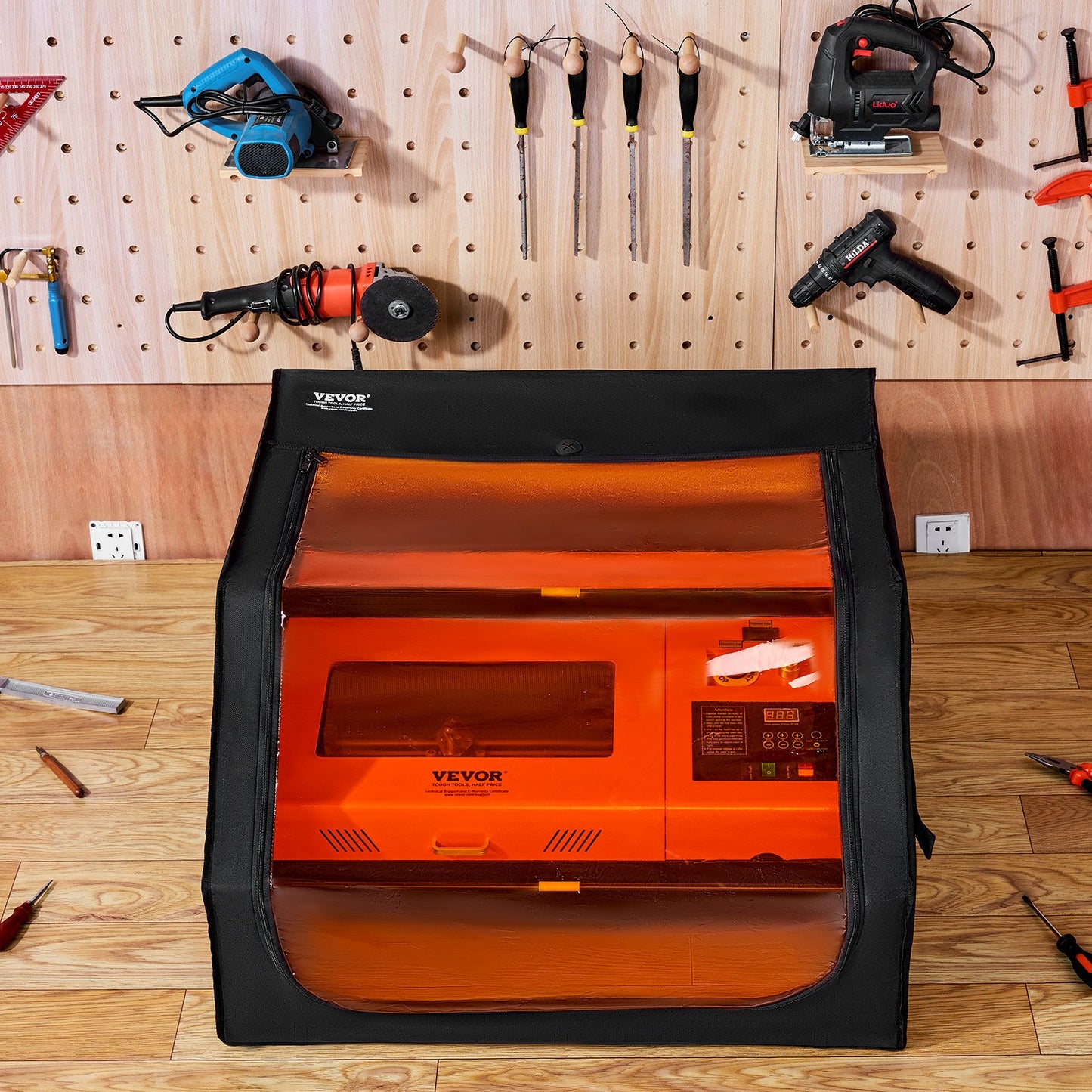 Lasergraveringslåda, 800 x 800 x 500 mm (31,5 x 31,5 x 19,6 tum), flamskyddat och brandsäkert skyddshölje, med frånluftsfläkt och rör, isolerar rök, buller och skyddar ögonen, passar de flesta lasergraveringsmaskiner