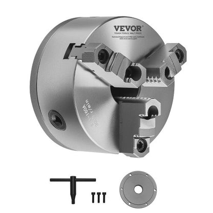 3-Jaw Lathe Chuck, 6 Inch (160 mm), Self-Centering Chuck with 1 1/2 in-8 Threaded Backing Plate, 0.12-5.71 in (3-145 mm) Clamping Range with T-wrench Screws, HT300 Material, for Wood Metal Lathe