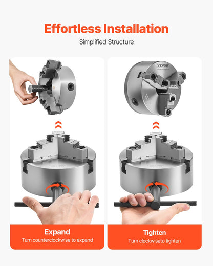 3-Jaw Lathe Chuck, 6 Inch (160 mm), Self-Centering Chuck with 1 1/2 in-8 Threaded Backing Plate, 0.12-5.71 in (3-145 mm) Clamping Range with T-wrench Screws, HT300 Material, for Wood Metal Lathe