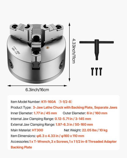 3-Jaw Lathe Chuck, 6 Inch (160 mm), Self-Centering Chuck with 1 1/2 in-8 Threaded Backing Plate, 0.12-5.71 in (3-145 mm) Clamping Range with T-wrench Screws, HT300 Material, for Wood Metal Lathe