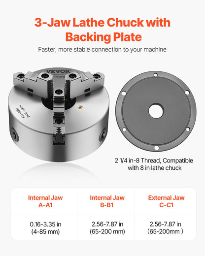 3-Jaw Lathe Chuck, 8 Inch (200 mm), Self-Centering Chuck with 2 1/4 in-8 Threaded Backing Plate, 0.16-7.87 in (4-200 mm) Clamping Range with T-wrench Screws, HT300 Material, for Wood Metal Lathe