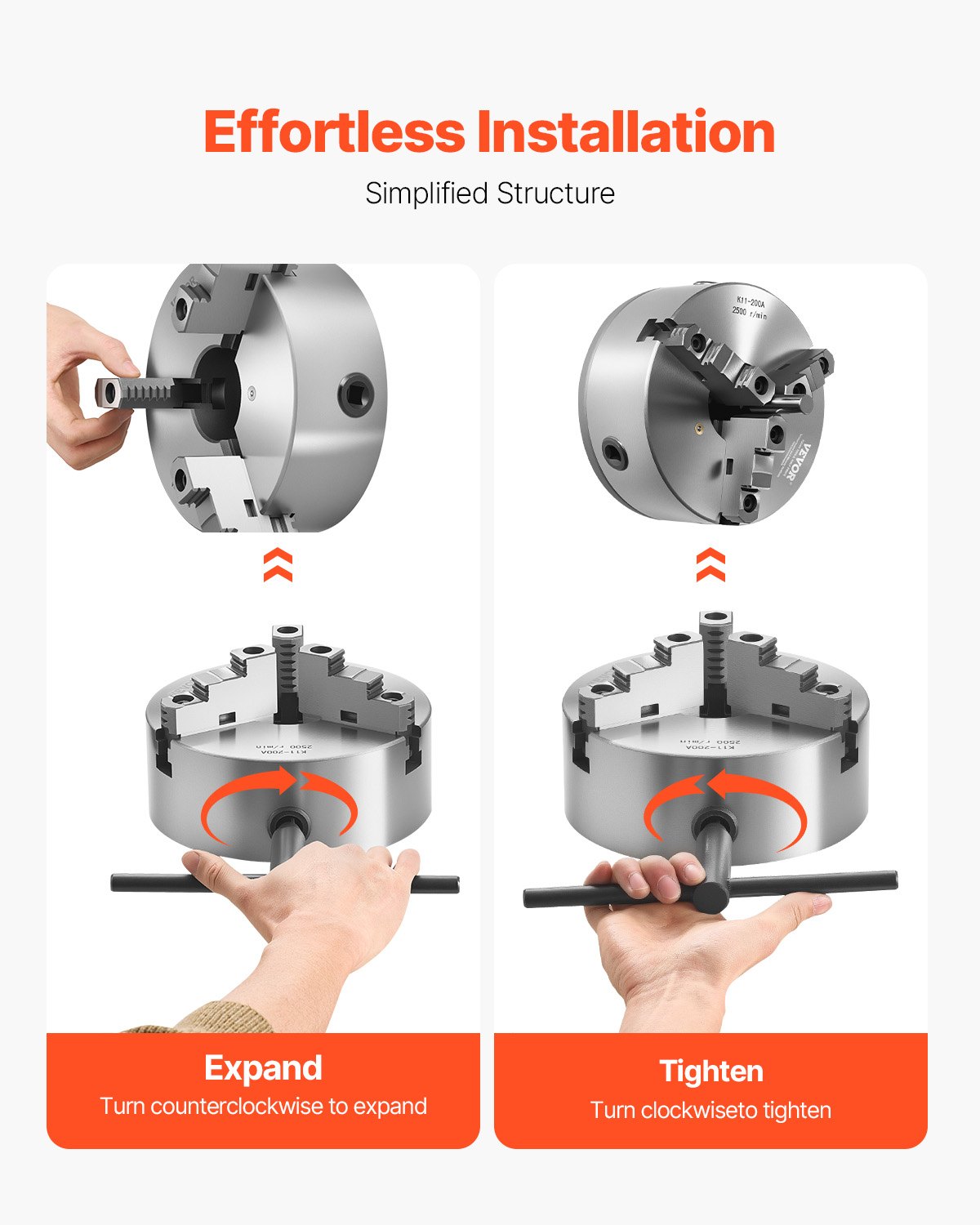 3-Jaw Lathe Chuck, 8 Inch (200 mm), Self-Centering Chuck with 2 1/4 in-8 Threaded Backing Plate, 0.16-7.87 in (4-200 mm) Clamping Range with T-wrench Screws, HT300 Material, for Wood Metal Lathe