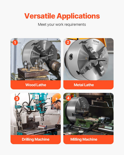 4-Jaw Lathe Chuck, 8 Inch (200 mm), Self-Centering Chuck with 1 1/2 in-8 Threaded Backing Plate, 0.16-7.87 in (4-200 mm) Clamping Range with T-wrench Screws, HT300 Material, for Wood Metal Lathe