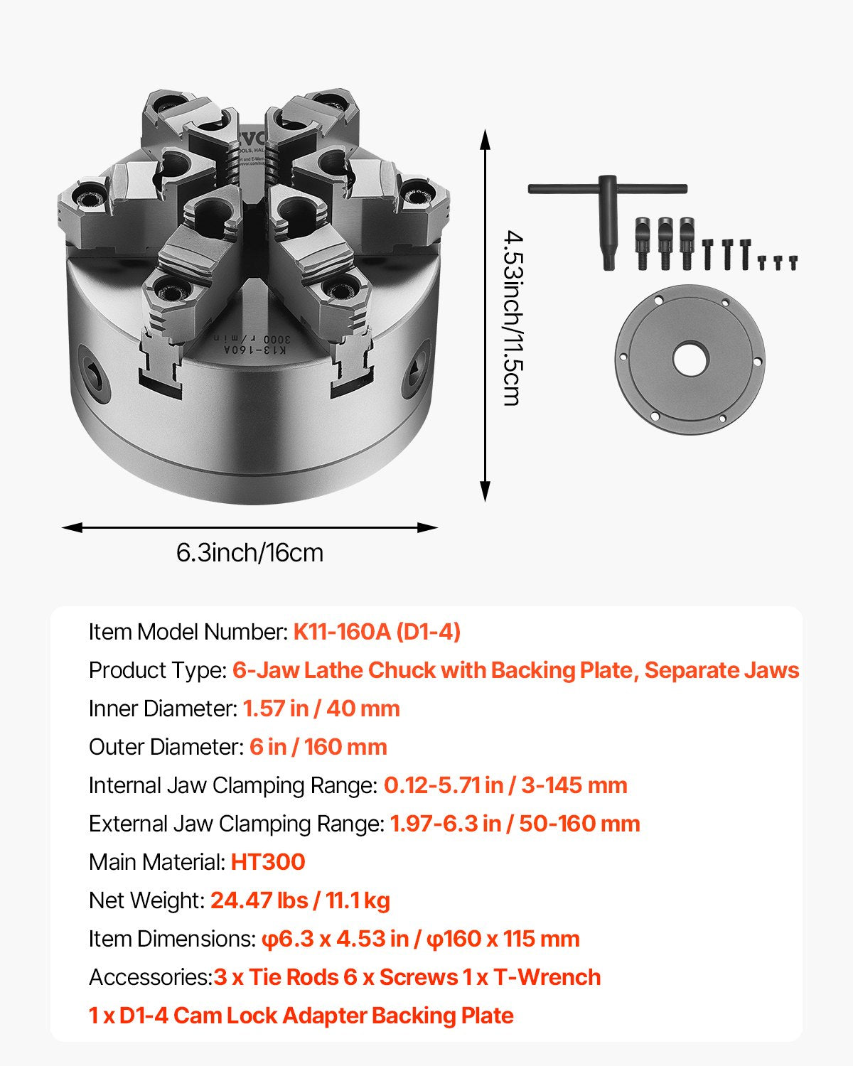 6-Jaw Lathe Chuck, 6 Inch (160 mm), Self-Centering Chuck with D1-4 Cam Lock Backing Plate, 0.12-5.71 in (3-145 mm) Clamping Range with T-wrench Screws, HT300 Material, for Wood Metal Lathe