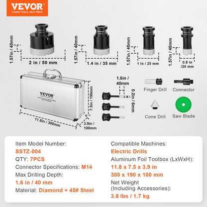 Diamantkärnborrsats, 7 delar 6/6/6/20/25/35/50 mm diamanthålsågsats, med fingerfräs, konsågblad och förvaringsfodral för torr och våt borrning, diamantborr för kakel och keramik