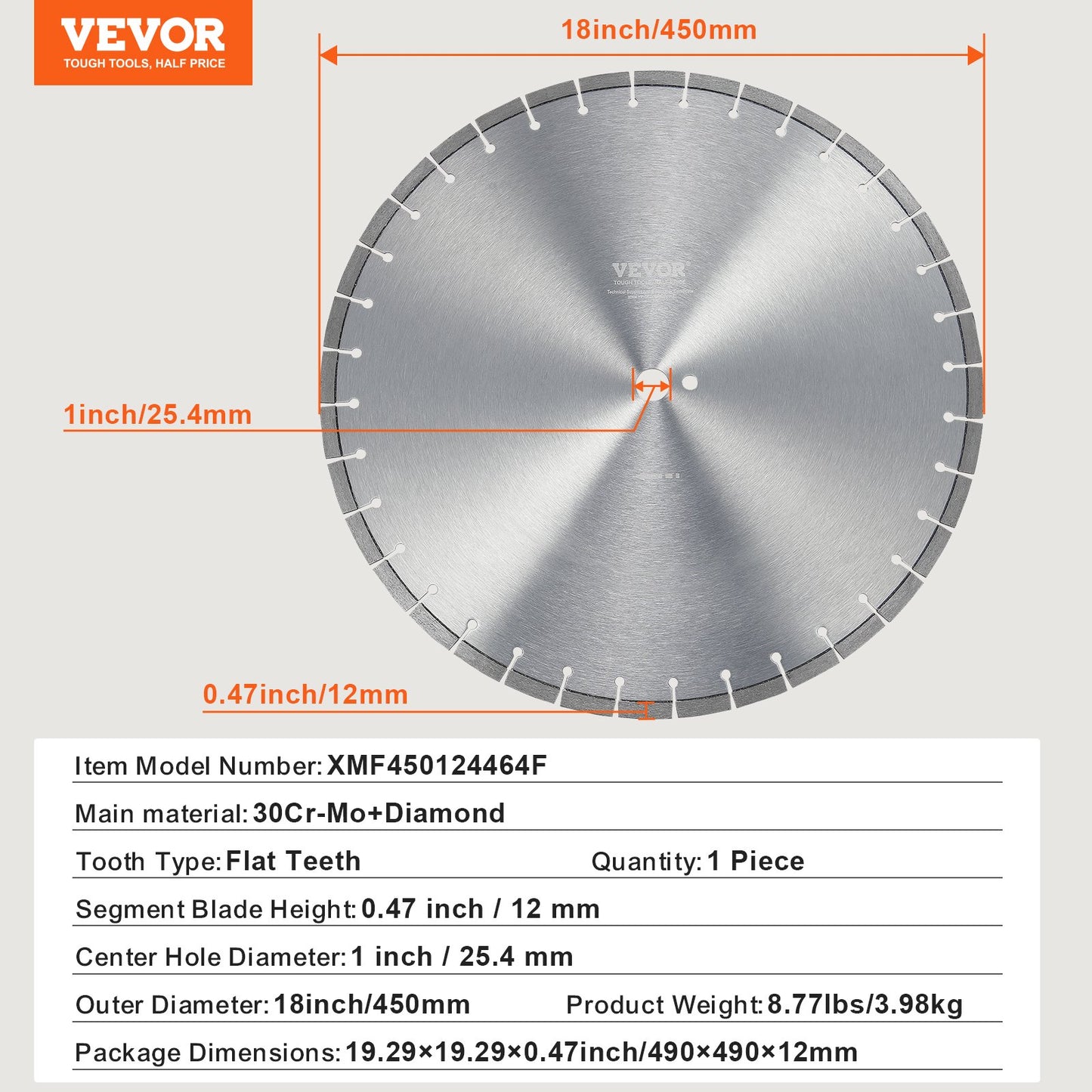 Diamond Blade, 18inch/450mm Concrete Saw Blade Wet or Dry, 0.47inch/12mm Flat Teeth Diamond Segment Blade, Universal 1 inch/25.4 mm Center Hole Diameter, for Concrete Cement Board Tile Brick