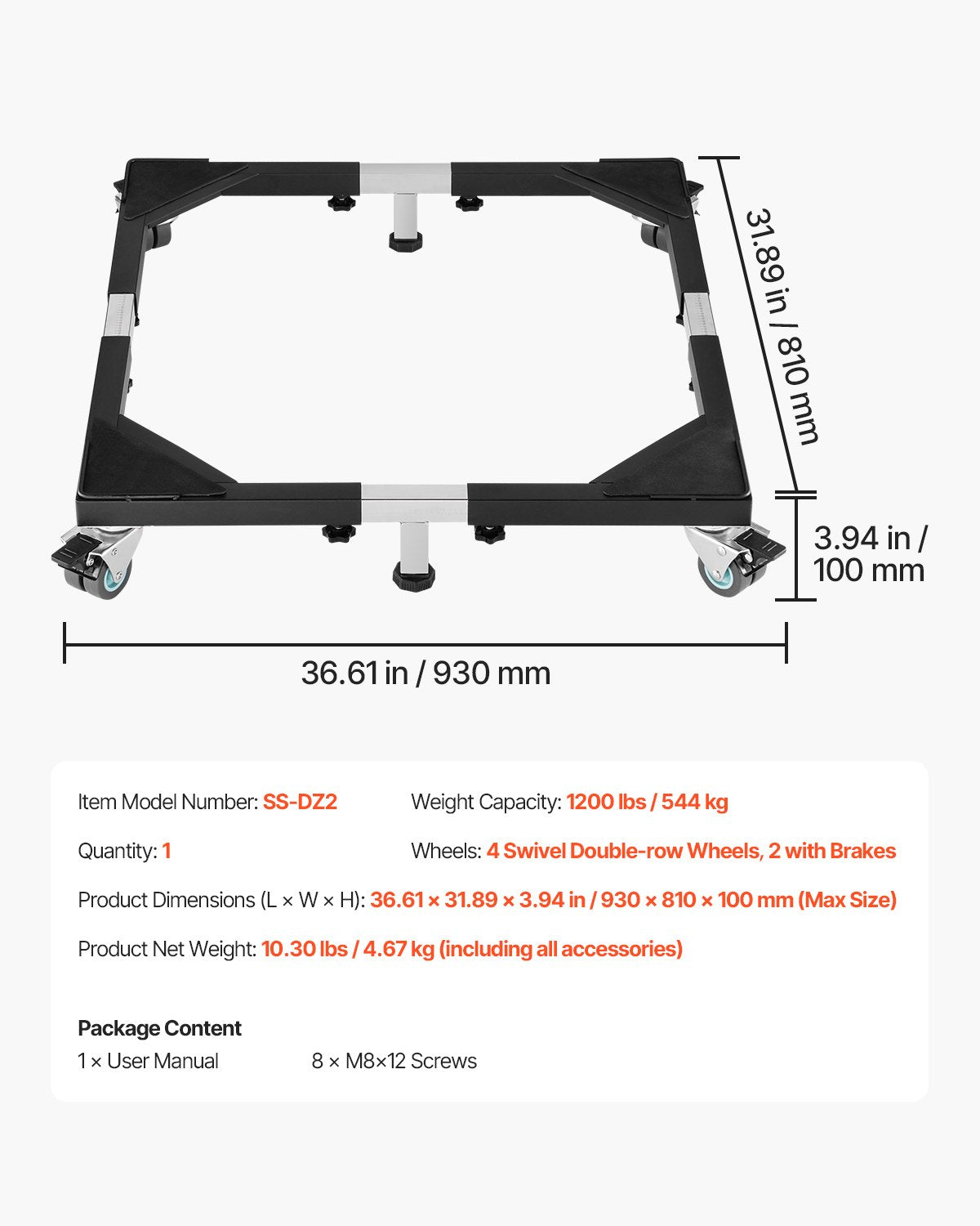 Fridge Stand Mobile Base, 1200 lbs Load Capacity, Washing Machine Stand with 8 Locking Twin Wheels and 4 Brakes, 23-36.6 Inches Adjustable Furniture Dolly for Washer, Refrigerator and Dryer
