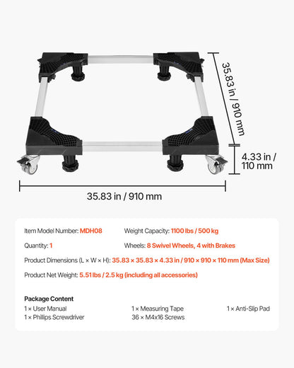 Fridge Stand Mobile Base, 1100 lbs Load Capacity, Washing Machine Stand with 8 Locking Twin Wheels and 4 Brakes, 27.5 -35.4 Inches Adjustable Furniture Dolly for Washer, Refrigerator and Dryer