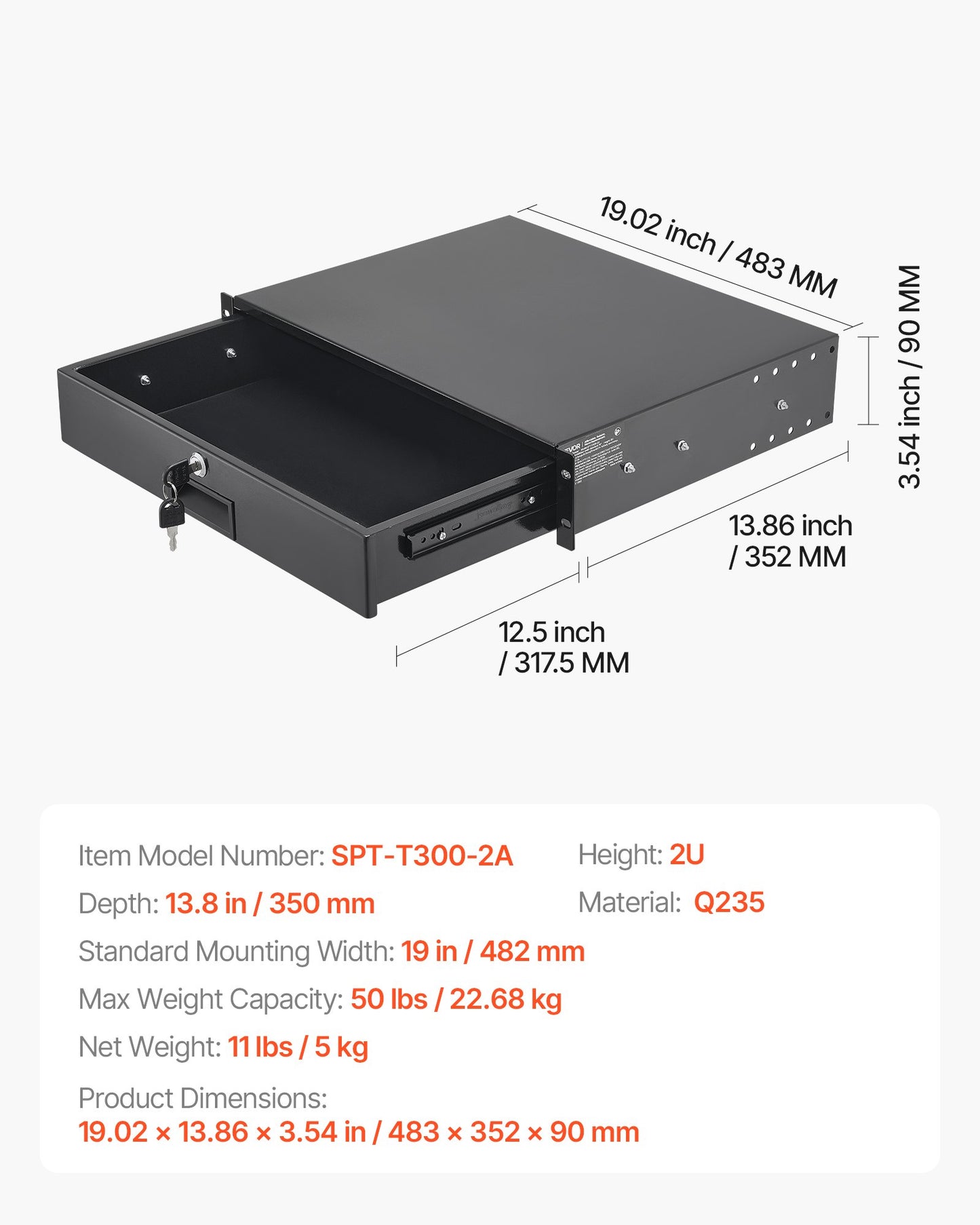 2U rackmonterad låda, 22,68 kg maxbelastning, låsbart serverskåp, glidande låda med lås och kabelhanteringshål, för nätverksutrustning, server, AV-rack eller skåphölje