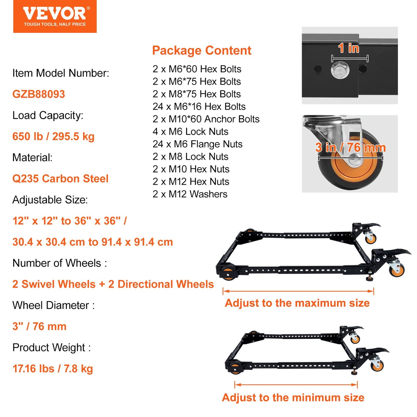 Mobile Base, 650 lbs Weight Capacity, Adjustable from 12" x 12" to 36" x 36", Heavy Duty Universal Mobile Base Stand with Swivel Wheels, for Woodworking Equipment, Bandsaw, Power Tools, Machines