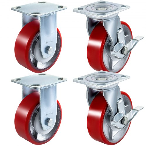 4 Pack 15.24 x 5.08 cm Caster Wheels 2 Rigid and 2 Swivel Casters with Side Brake Polyurethane Iron Core Plate 453.59 kg Capacity Per Wheel