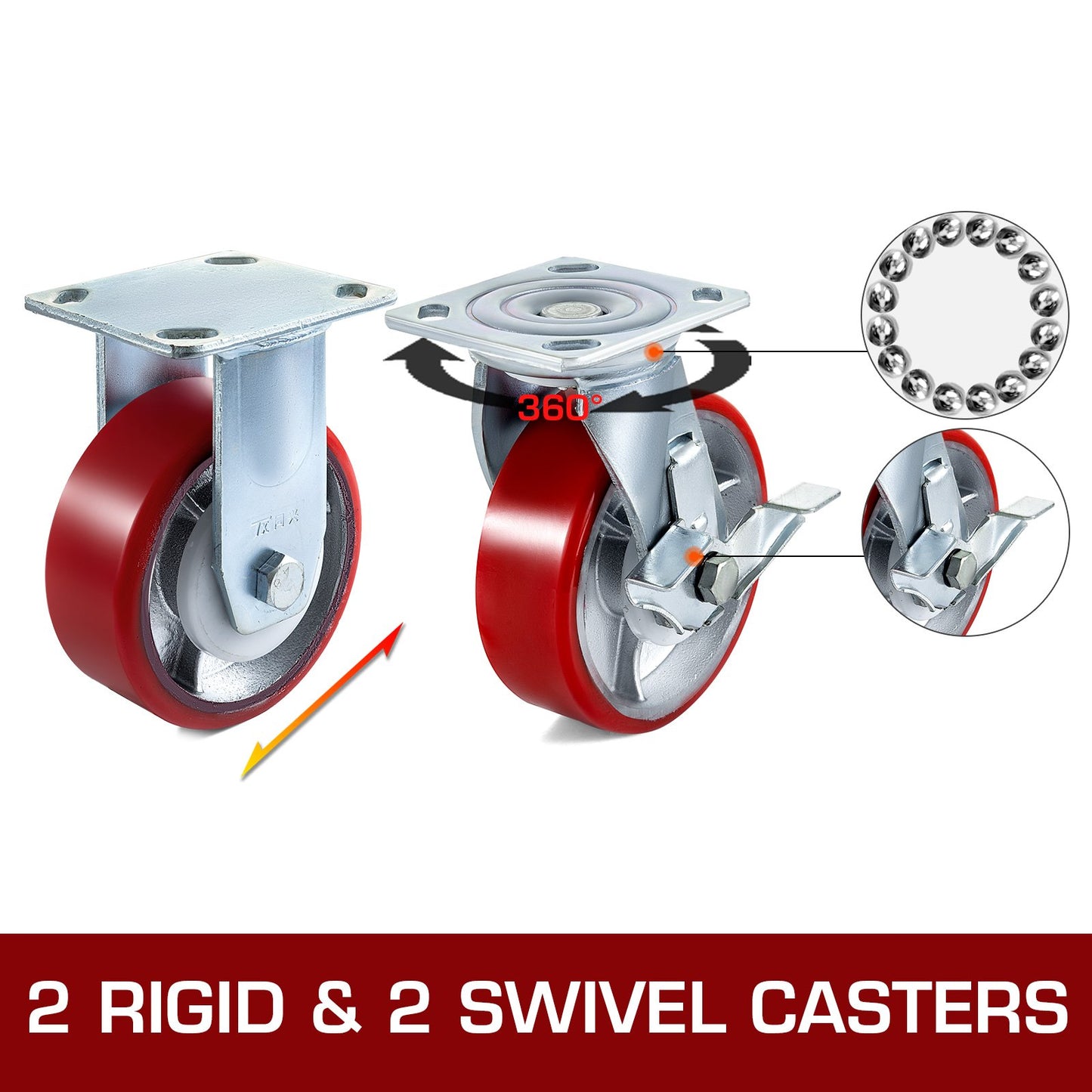 4 Pack 15.24 x 5.08 cm Caster Wheels 2 Rigid and 2 Swivel Casters with Side Brake Polyurethane Iron Core Plate 453.59 kg Capacity Per Wheel