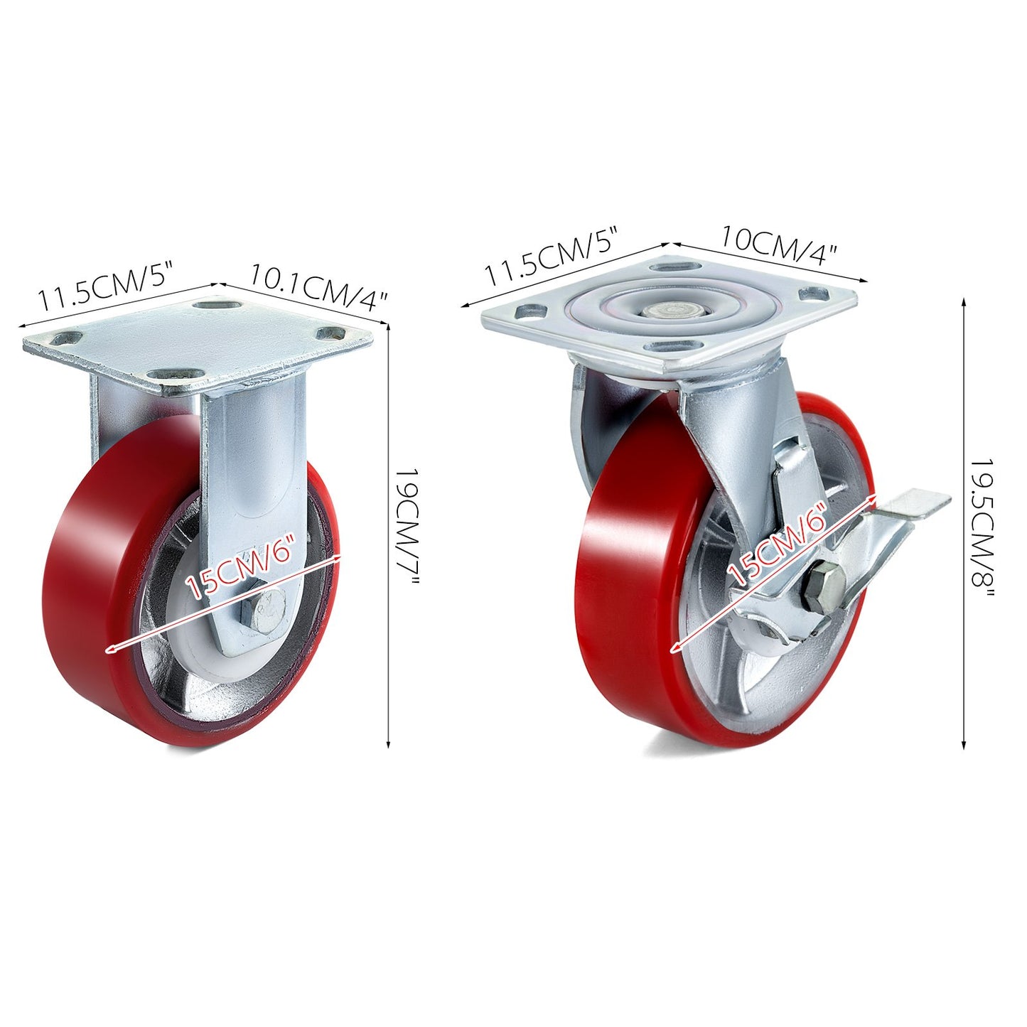 4 Pack 15.24 x 5.08 cm Caster Wheels 2 Rigid and 2 Swivel Casters with Side Brake Polyurethane Iron Core Plate 453.59 kg Capacity Per Wheel