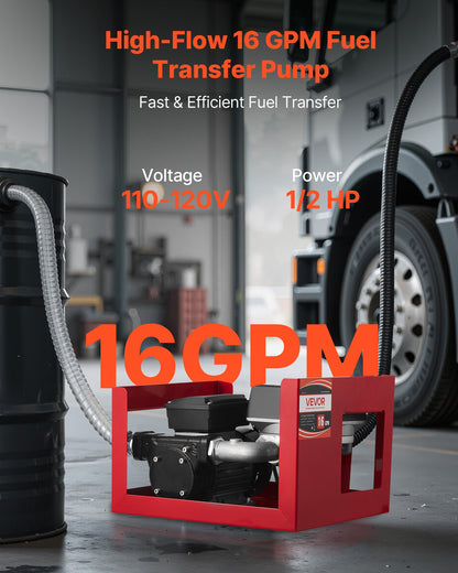 Bränsleöverföringspump 230V, 16 GPM 60 L/min, AC elektrisk oljeöverföringspump för diesel fotogen biodiesel, med mätare, automatiskt bränslemunstycke och 2 slangar, 45 ft/13,7 m lyft, för fordon, byggarbetsplatser