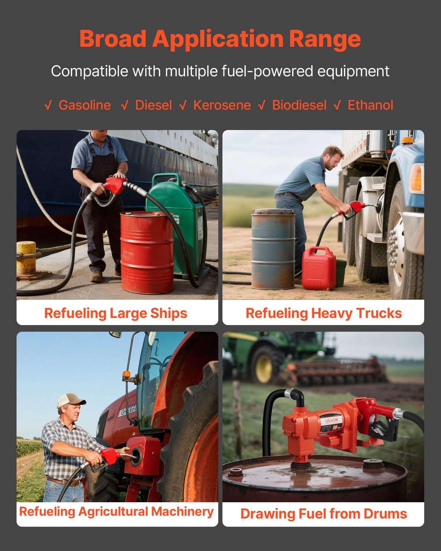 Bränsleöverföringspump 230V, 15 GPM 57 L/min, AC elektrisk oljeöverföringspump, med automatisk avstängning av bränslemunstycke och utloppsslang, högflödessats för bensin, diesel, fotogen, biodiesel, etanolblandningar