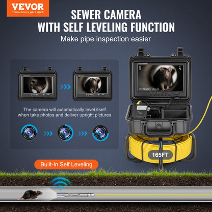 Sewer Camera, 165 ft/50m, Self-Leveling Pipeline Inspection Camera with 9" 1080P HD Screen, 36X Zoom, IP68 Waterproof Plumbing Camera with Lights-12 LED, 32GB Card Snake Camera for Duct Pipe
