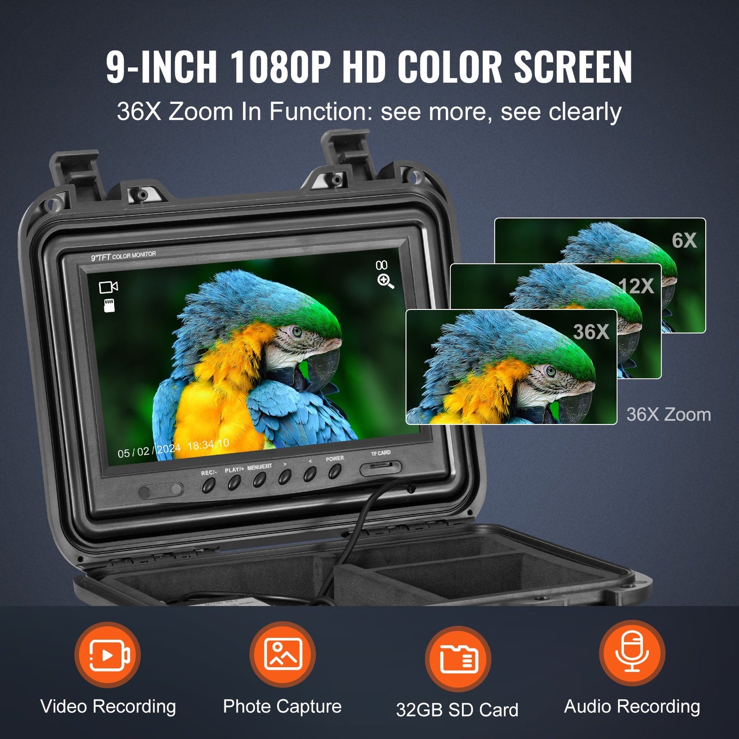 Sewer Camera, 165 ft/50m, Self-Leveling Pipeline Inspection Camera with 9" 1080P HD Screen, 36X Zoom, IP68 Waterproof Plumbing Camera with Lights-12 LED, 32GB Card Snake Camera for Duct Pipe