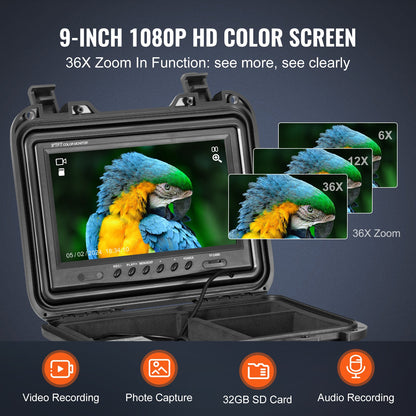 Sewer Camera, 165 ft/50m, Self-Leveling Pipeline Inspection Camera with 9" 1080P HD Screen, 36X Zoom, IP68 Waterproof Plumbing Camera with Lights-12 LED, 32GB Card Snake Camera for Duct Pipe