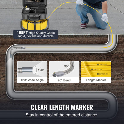 Sewer Camera, 165 ft/50m, Self-Leveling Pipeline Inspection Camera with 9" 1080P HD Screen, 36X Zoom, IP68 Waterproof Plumbing Camera with Lights-12 LED, 32GB Card Snake Camera for Duct Pipe