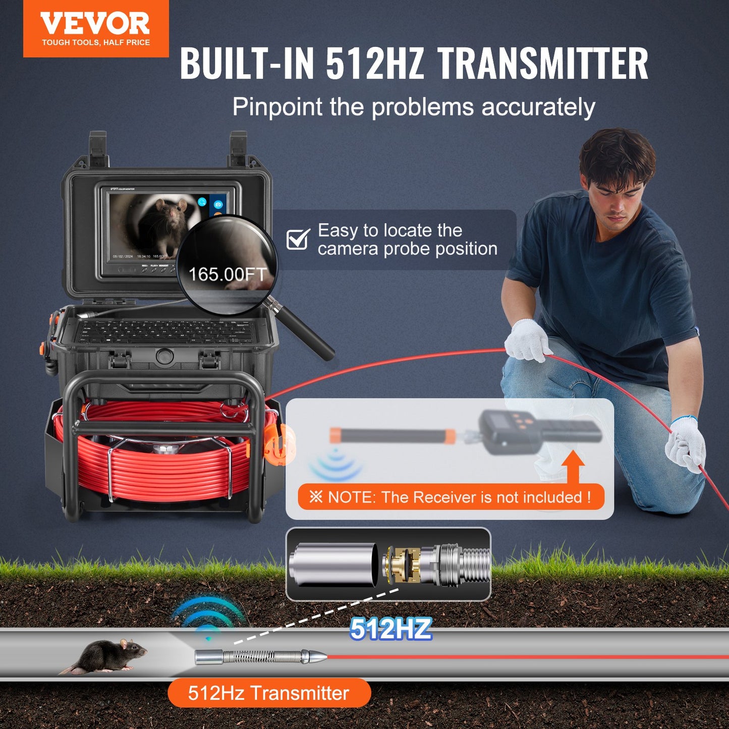 Sewer Camera, 165 ft/50m, Self-Leveling Drain Camera with 512Hz Transmitter, Distance Counter, 9" Screen 1080P HD Snake Plumbing Camera with Lights-12 LED & 32GB Card for Duct Pipe