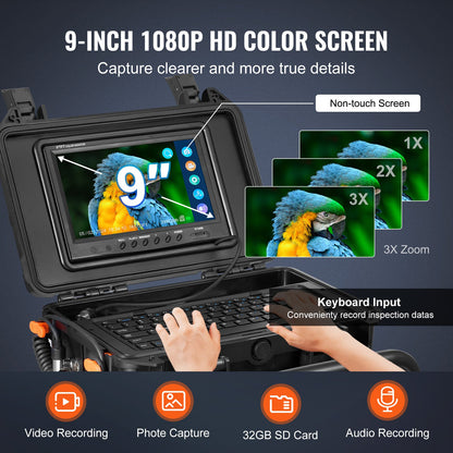 Sewer Camera, 165 ft/50m, Self-Leveling Drain Camera with 512Hz Transmitter, Distance Counter, 9" Screen 1080P HD Snake Plumbing Camera with Lights-12 LED & 32GB Card for Duct Pipe