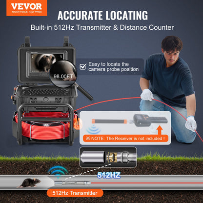 Sewer Camera, 98 ft/30m, Self-Leveling Drain Camera with 512Hz Transmitter, Distance Counter, 9" Screen 1080P HD Snake Plumbing Camera with Light-12 LED & 32GB Card for Duct Pipe