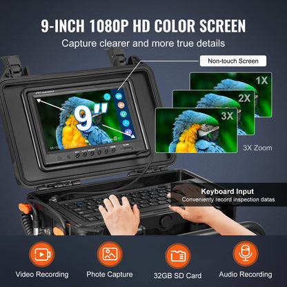 Sewer Camera, 98 ft/30m, Self-Leveling Drain Camera with 512Hz Transmitter, Distance Counter, 9" Screen 1080P HD Snake Plumbing Camera with Light-12 LED & 32GB Card for Duct Pipe