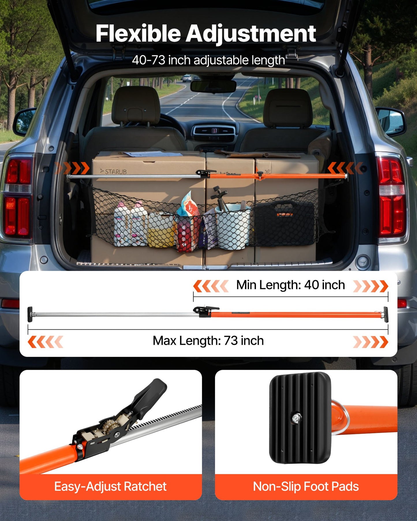 Cargo Bar, Ratcheting Cargo Bars Adjustable from 1016mm to 1854mm, Heavy-duty Steel Cargos Stabilizer with Storage Net & Divider Bar, Telescoping Load Lock Bars for SUVs, Sedans