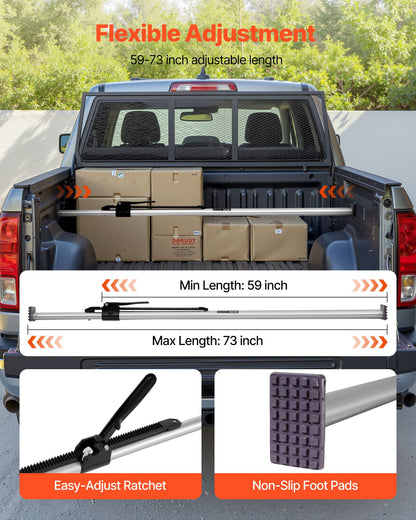Cargo Bar, Ratcheting Cargo Bar Adjustable from 1499mm to 1854mm, Heavy-duty Steel Cargos Stabilizer with Non-Slip Foot Pads, Telescoping Load Lock Bars for Pickup Truck