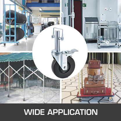 4 Pack 5" Scaffolding Rubber Swivel Caster Wheels with Dual Locking Heavy Duty Casters 1" Solid Round Stem 280LBS Capacity Per Wheel for Warehousing and Industrial Equipment