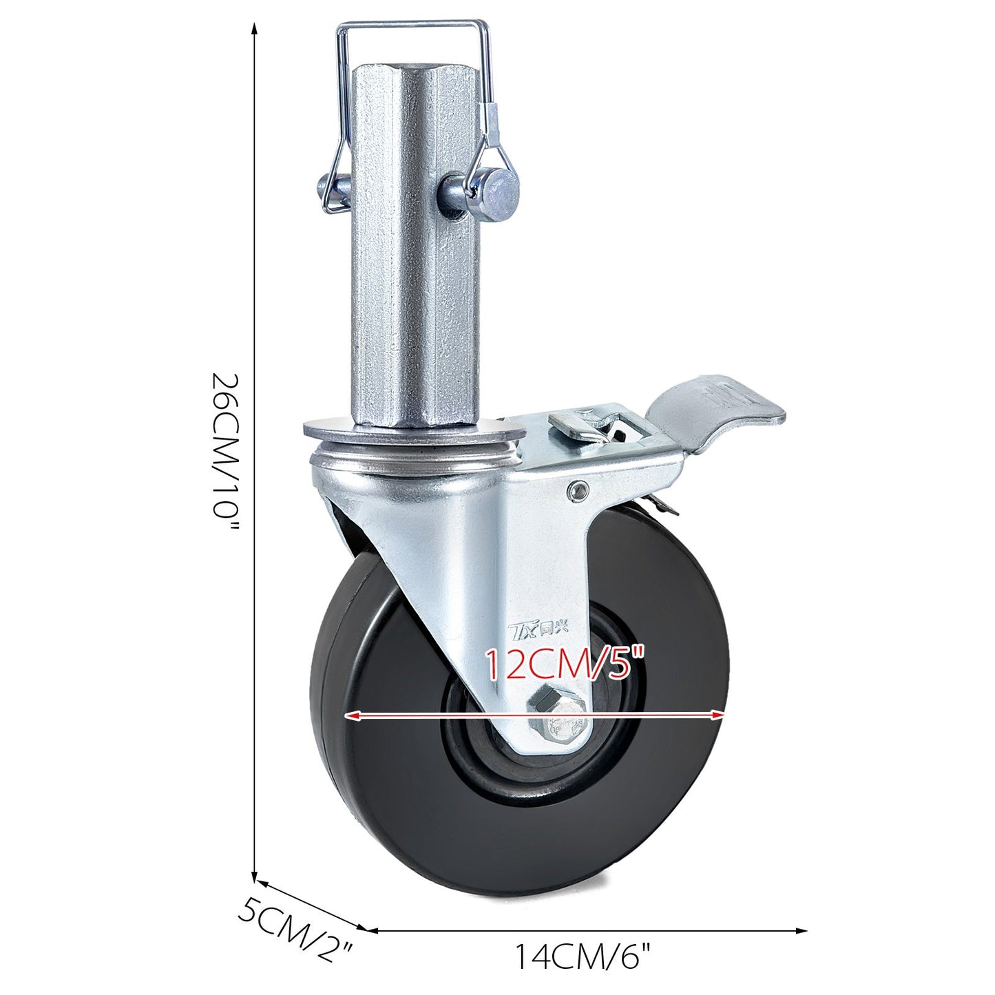 4 Pack 5"/12.7 cm Heavy Duty Scaffolding Rubber Swivel Caster With Dual Locking 1.25" (3.2 cm) Square Stem 440LBS/199.6 kg Capacity Per Wheel