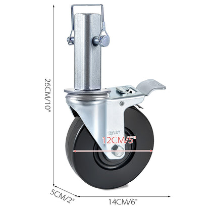 4 Pack 5"/12.7 cm Heavy Duty Scaffolding Rubber Swivel Caster With Dual Locking 1.25" (3.2 cm) Square Stem 440LBS/199.6 kg Capacity Per Wheel