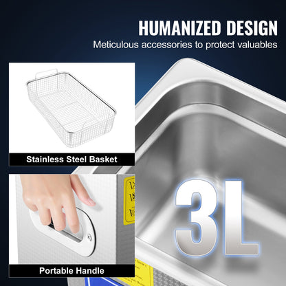 Professional Ultrasonic Cleaner, 2.85 L Ultrasonic Jewelry Cleaner with Digital Timer & Heater, Stainless Steel Industrial Sonic Cleaner 40kHz for Glasses, Watches, Rings, Small Parts