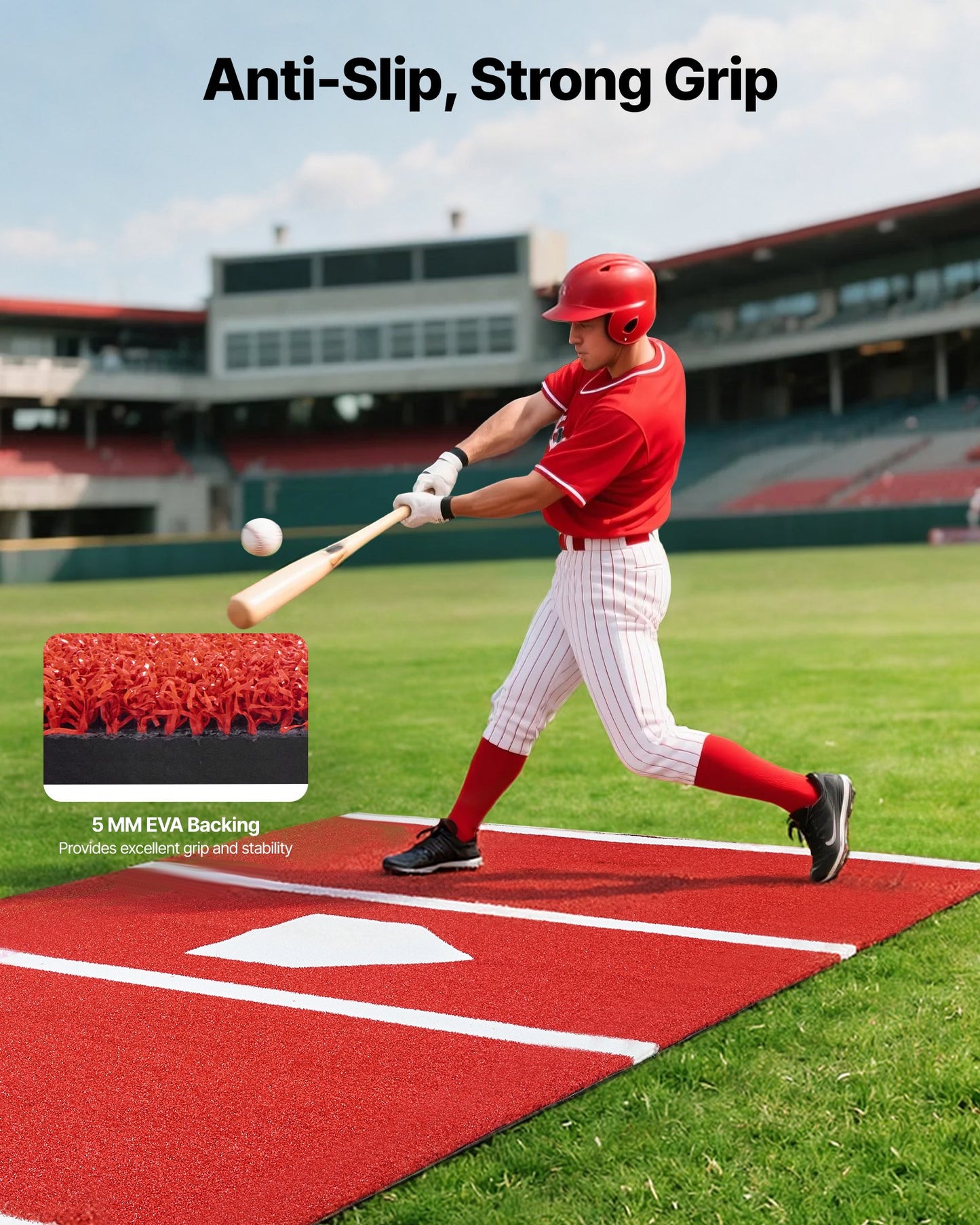 Baseball Hitting Mat, 366x183cm Batting Cage Mat, Batters Box Turf Mats, Softball Batting Practice Equipment with Home Plate and Anti Fade Turf, Portable Training Aid for Indoor Outdoor, Red