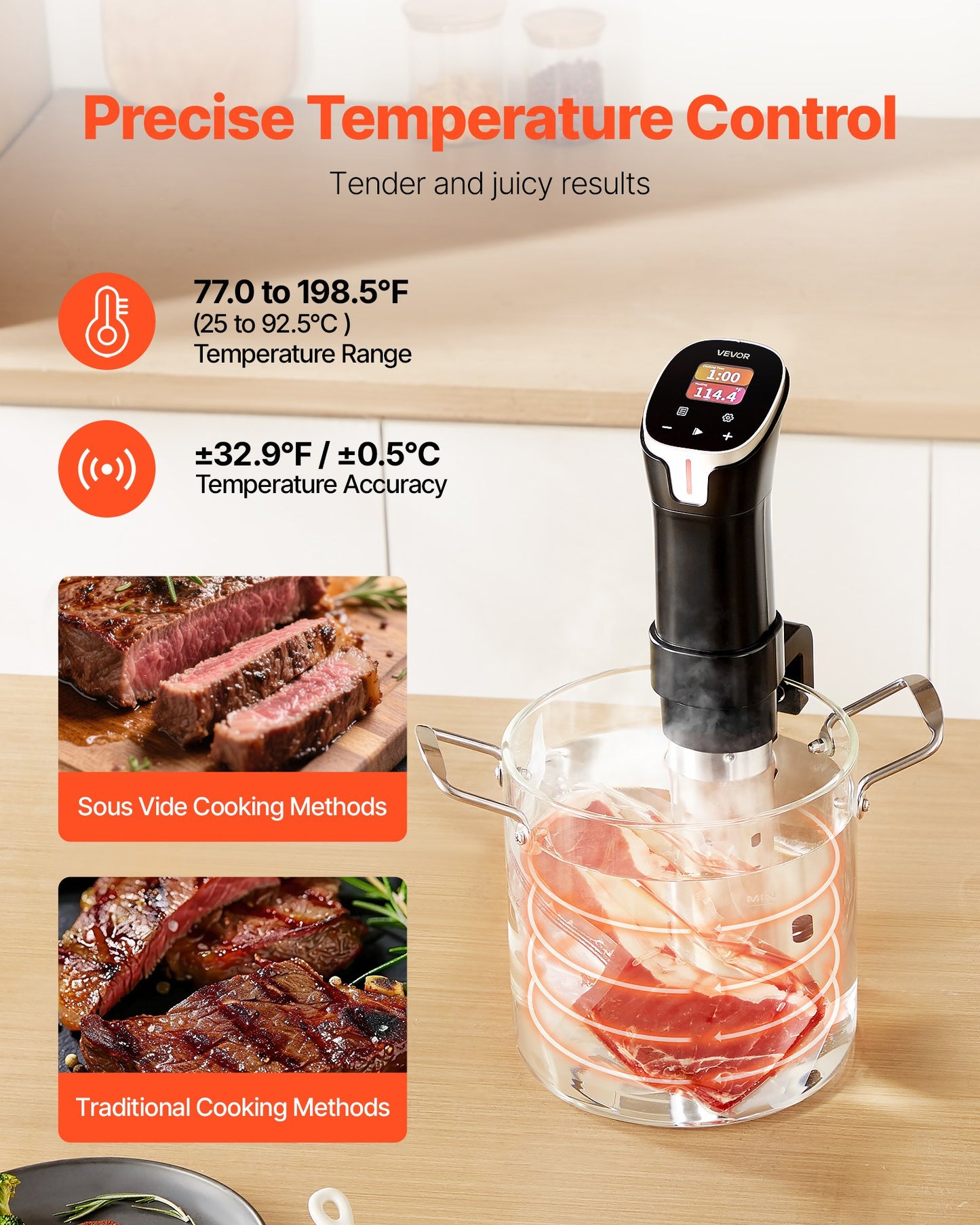 Sous Vide Precision Cooker, 1100W Sous-Vide Cooking Machine, WIFI Immersion Circulator with 10 Preset Recipes, LCD Touchscreen, Fast-Heating, Accurate Temperature & Timer, App Control, Sous-Vide