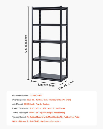 Storage Shelves, 2000 lbs, 5 Tier Garage Storage Shelving, 18" D x 32" W x 72" H Adjustable Metal Shelves for Garage Shelves Utility Rack Shelf, Ideal for Kitchen, Warehouse, Basement, Black