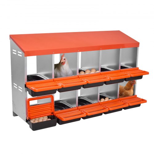 2-våningars hönsholkar, 10 fack, äggläggningslådor i metall med skyddande uppsamlingslock, utrullbar holk, enkel att montera, perfekt för höns, ankor, kycklingar och andra fjäderfän