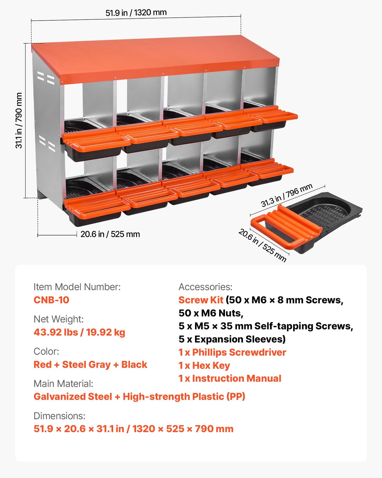 2-våningars hönsholkar, 10 fack, äggläggningslådor i metall med skyddande uppsamlingslock, utrullbar holk, enkel att montera, perfekt för höns, ankor, kycklingar och andra fjäderfän
