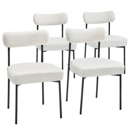 Boucle Dining Chairs Set of 4, Mid Century Modern Sherpa Accent Chairs, Upholstered Side Chair for Dining Table, Space-Saving White Kitchen Table Chair with Curved Backrest and Black Metal Legs