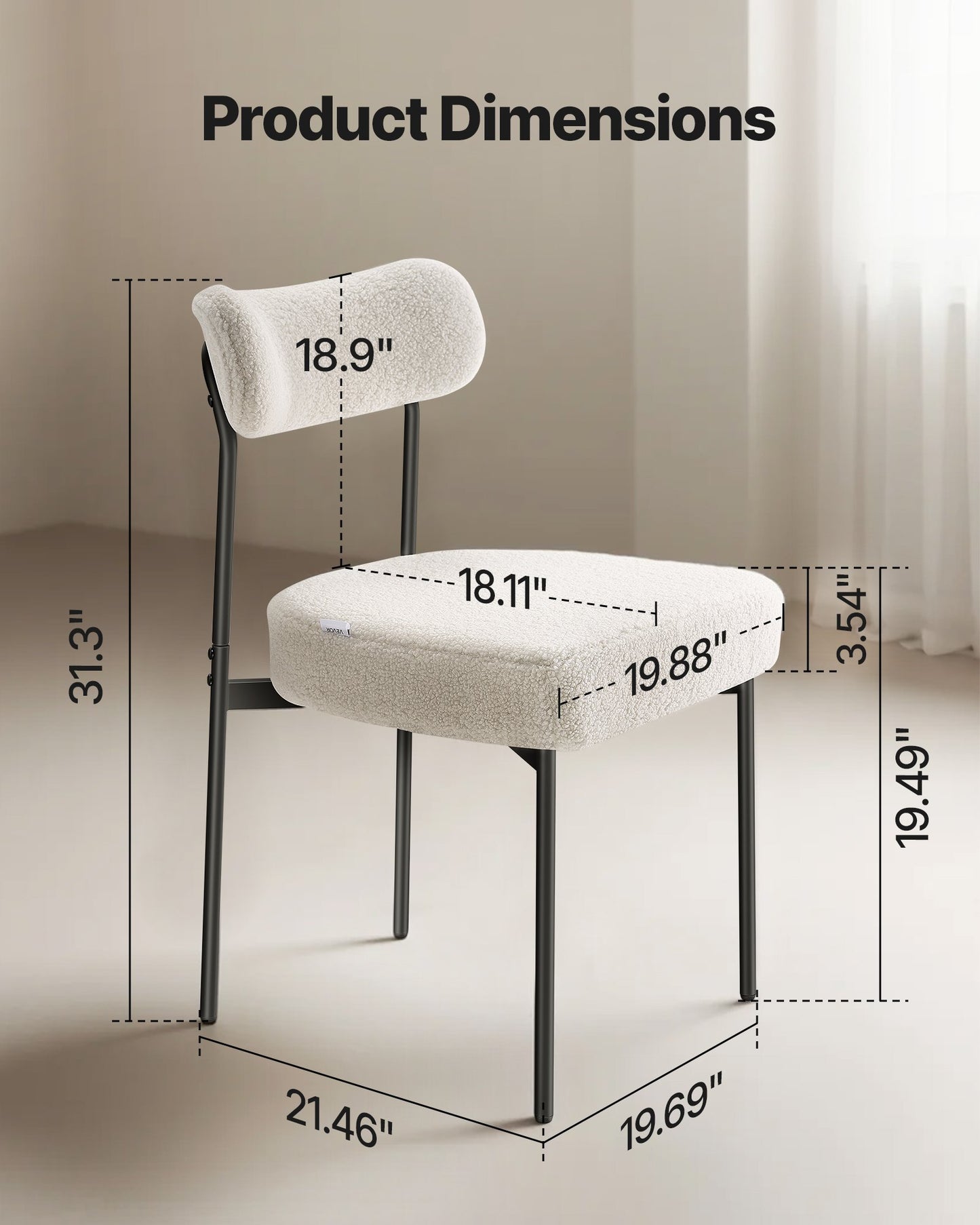 Boucle Dining Chairs Set of 4, Mid Century Modern Sherpa Accent Chairs, Upholstered Side Chair for Dining Table, Space-Saving White Kitchen Table Chair with Curved Backrest and Black Metal Legs