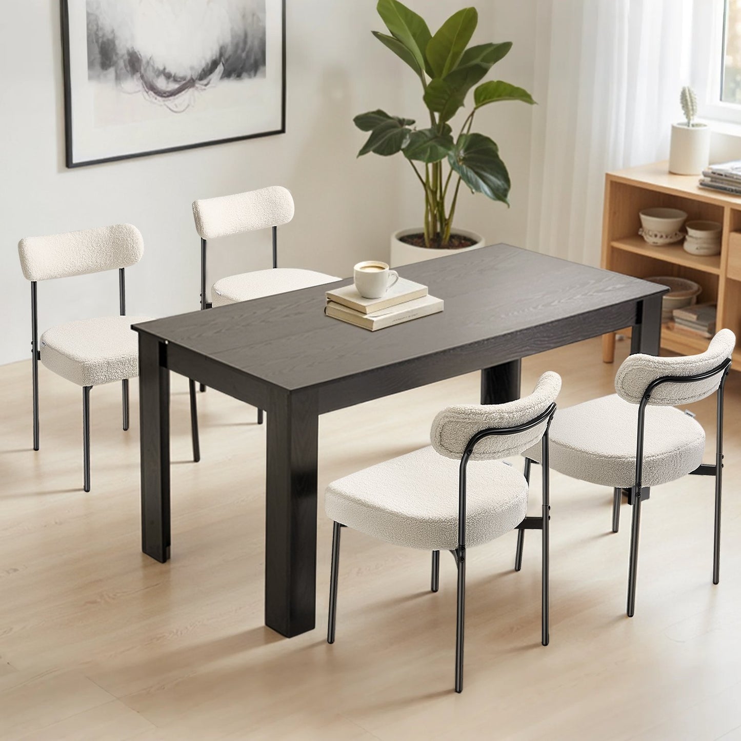 Boucle Dining Chairs Set of 4, Mid Century Modern Sherpa Accent Chairs, Upholstered Side Chair for Dining Table, Space-Saving White Kitchen Table Chair with Curved Backrest and Black Metal Legs