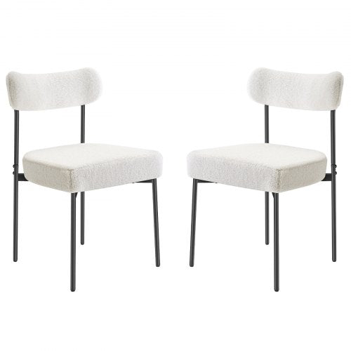 Boucle Dining Chairs Set of 2, Mid Century Modern Sherpa Accent Chairs, Upholstered Side Chair for Dining Table, Space-Saving White Kitchen Table Chair with Curved Backrest and Black Metal Legs